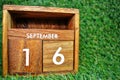 Wooden calendar on September 16 .World ozone day.