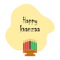 Wooden candlestick with seven candles in the color of the African flag and inscription Happy Kwanzaa