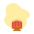 Wooden candlestick and seven red candles with yellow cloud shaped copyspace. Sticker. Icon. Isolate
