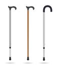 Wooden cane and metal telescopic canes with elegant and ergonomic handles. Isolated objects on white background