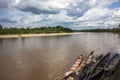 Wooden canoe in river port Royalty Free Stock Photo