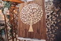 Wooden canvas with decorative elements. Deveraux in the shape of a heart at a wedding ceremony Royalty Free Stock Photo