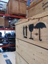 Wooden cargo box with standard sign for logistic transportation