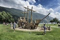 wooden carousel for children in the shape of a sailing ship. the photo was taken in Molveno, Italy, Lago di Molveno.