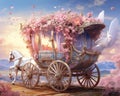 wooden carriage ormament with flowers in a fantasy landscape.