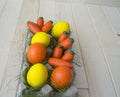 A wooden carrot is a toy.Children`s toy of orange color.