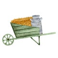 Wooden cart with a bale of hay and a can. Harvest festival, autumn, Thankthgiving day illustration