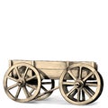 Wooden cart with big wheels on white background