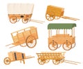 Wooden carts and wheelbarrow isolated vector set