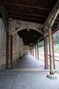 Wooden carved arcades in a historical train station Royalty Free Stock Photo