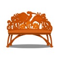 Wooden carved bench in the form of fantasy birds isolated on white background. Vector cartoon close-up illustration.