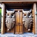Wooden carved gate with owls.