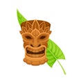 Wooden Carved Mask or Tiki with Green Palm Leaf Vector Illustration