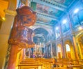 The wooden carved pulpit in prayer hall of Basilica of St Antony of Padua, on April 5 in Milan, Italy