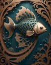 Wooden carving of a fish surrounded by ornate floral patterns, showcasing detailed craftsmanship, Generative AI