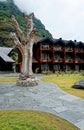 Wooden carving in front of Flamsbrygga Hotel in the village of Flam at end of Aurlandsfjorden - Norway