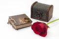 Wooden Case, red rose, notes and gold ring Royalty Free Stock Photo