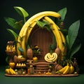 wooden cask full of bananas and other tropical fruits on a dark background