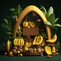 wooden cask full of bananas and other tropical fruits on a dark background