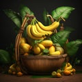 wooden cask full of bananas and other tropical fruits on a dark background
