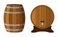 Wooden cask with rum. Cognac, brandy, scotch in cartoon barrel.