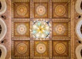 Wooden ceiling decorated with colorful floral patterns at Mamluk era Al Shafii Mosque, Cairo, Egypt