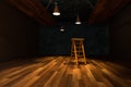 Wooden cellar with ladder and ceiling lamp inside, vintage warehouse, 3d rendering Royalty Free Stock Photo