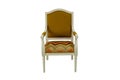 Wooden chair with a back and armrests in beige with brown soft upholstery on a white background. Front view.