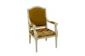 Wooden chair with a back and armrests in beige with brown soft upholstery on a white background. Side view.