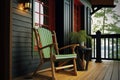 wooden chair on the balcony of the black wooden house with a green window, generative Ai,