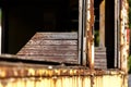 Wooden chair in old rusted abandoned tram wagon