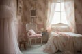 A wooden chair with a softlycolored cushion is the centerpiece of a shabby chic bedroom the walls filled with romantic