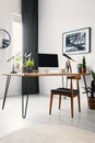 Wooden chair standing by the hairpin desk with empty mockup monitor, lamp and fresh potted plants standing in bright living room