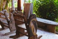 wooden chair table on cozy terrace with garden view Royalty Free Stock Photo