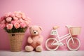 A wooden chair with a teddy bear and a white bicycle against pink walls Royalty Free Stock Photo