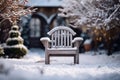 A wooden chair in a winter garden, softly blurred scenery