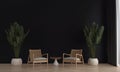 Wooden chairs against empty black wall background. Minimalist style home interior design of modern living room. 3d rendering. Royalty Free Stock Photo