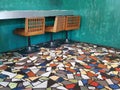 wooden chairs on the colorful floor