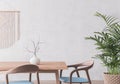 Wooden chairs and table on white background, Scandinavian interior design.