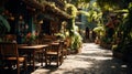 Wooden chairs and tables on the street in the tropics among the foliage. Generative AI Royalty Free Stock Photo