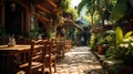 Wooden chairs and tables on the street in the tropics among the foliage. Generative AI Royalty Free Stock Photo