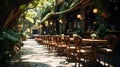 Wooden chairs and tables on the street in the tropics among the foliage. Generative AI Royalty Free Stock Photo