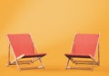 Wooden chaise lounges on orange background