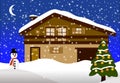 Wooden chalet with a Christmas tree