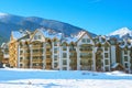 Houses and snow mountains panorama in Bansko, Bulgaria Royalty Free Stock Photo