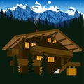 Wooden chalet in mountain alps at night