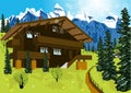 Wooden chalet in mountain alps at rural summer landscape
