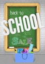 Back to school colorful chalkboard banner concept for sale ad for welcoming kids back with bag of study supplies Royalty Free Stock Photo