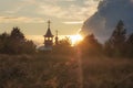 Wooden Chapel of the Kazan Icon of the Mother of God in Olkovo near Andoma Mountain at sunset,.Russia, Vologda region, Vytegorsky