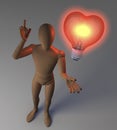 Wooden character, figure, man having an idea depicted by a heart shaped red classical light bulb